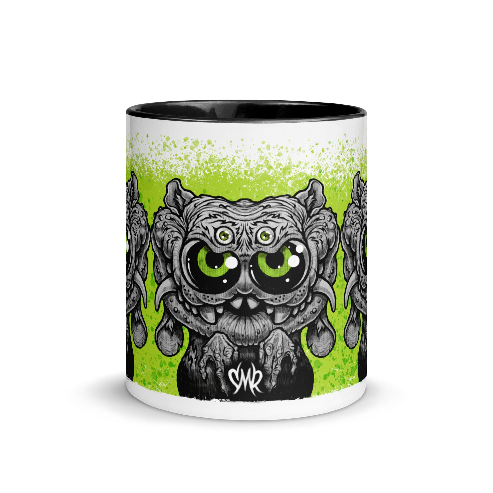 Introducing the Eyegurr Mug from Bindlewood Shop—a white ceramic mug with a sleek black interior, showcasing a detailed, cartoonish three-eyed creature with vibrant green eyes and sharp fangs set against a bold green splatter background. Ideal for collectors and fans of unique drinkware, this design draws inspiration from the whimsical artistry of Chris Ryniak monster mugs and features the initials “SMR” at the bottom center.