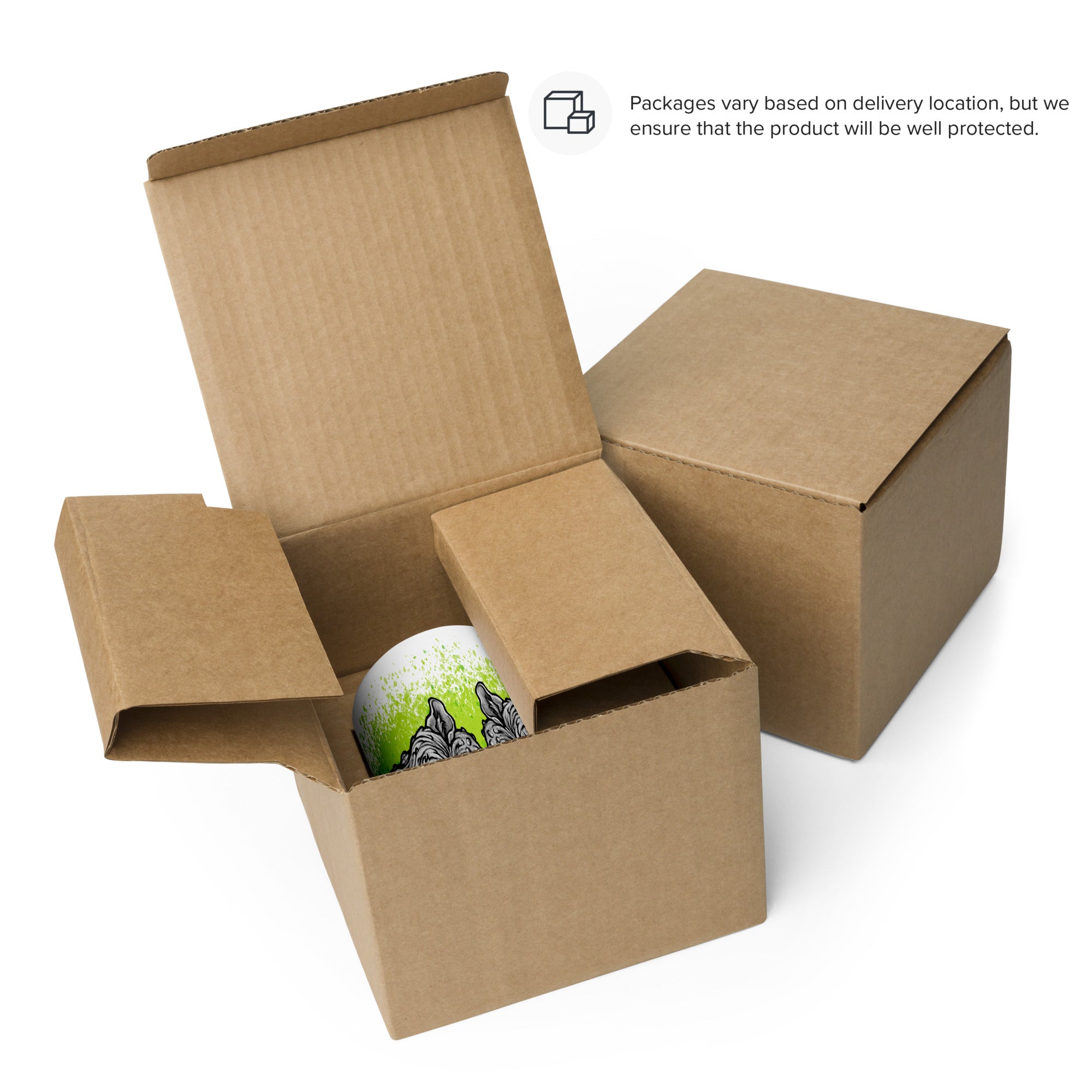 Two open brown cardboard boxes, one containing a Bindlewood Shop Eyegurr Mug featuring a green and black Chris Ryniak monster design. Text states, “Packages vary based on delivery location, but the collectible ceramic Eyegurr Mug will be well protected.”.