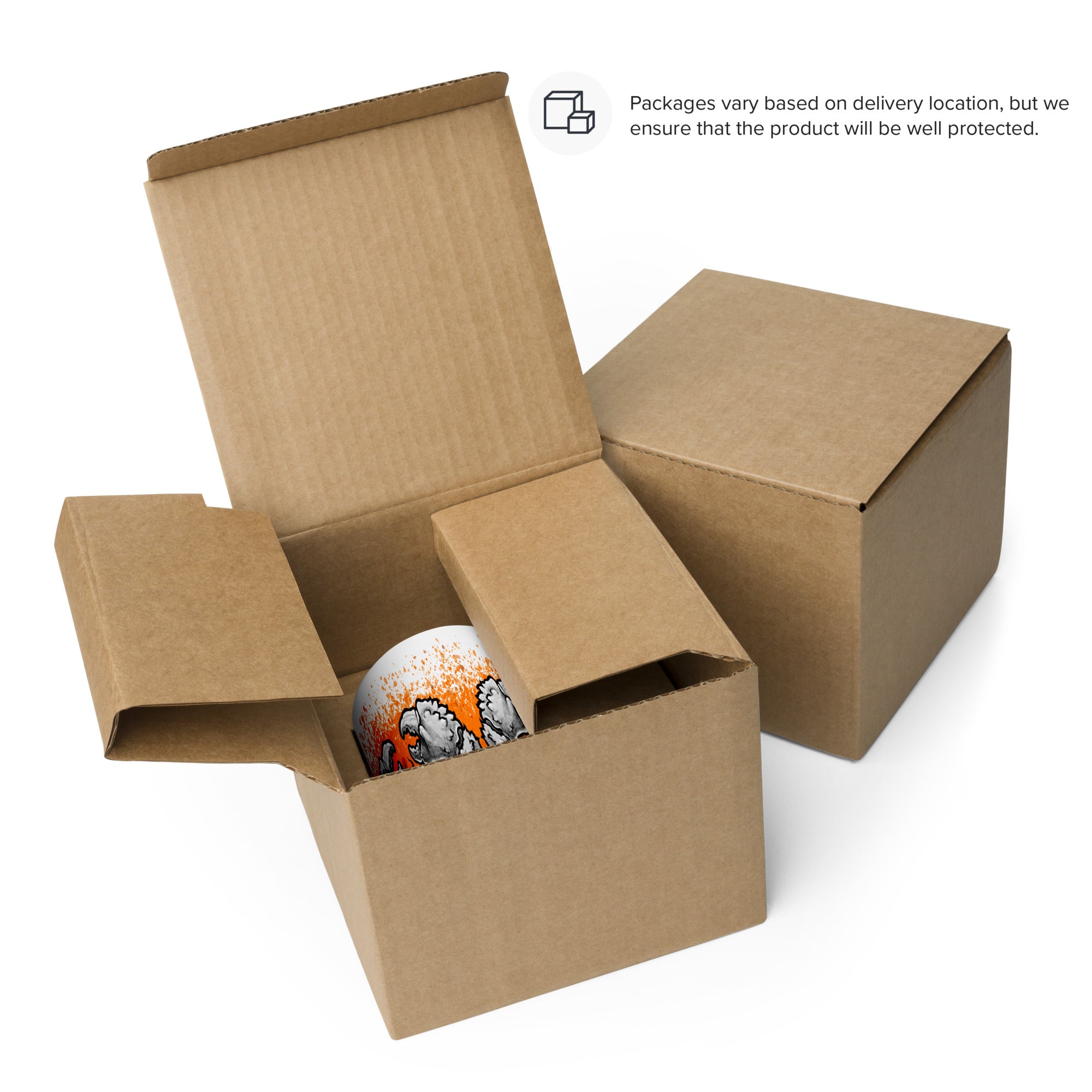 An open cardboard box with a ceramic mug inside and another closed box nearby. Text reads: “Packages vary based on delivery location, but we ensure that your Bindlewood Shop Krabb Mug will be well protected.”.