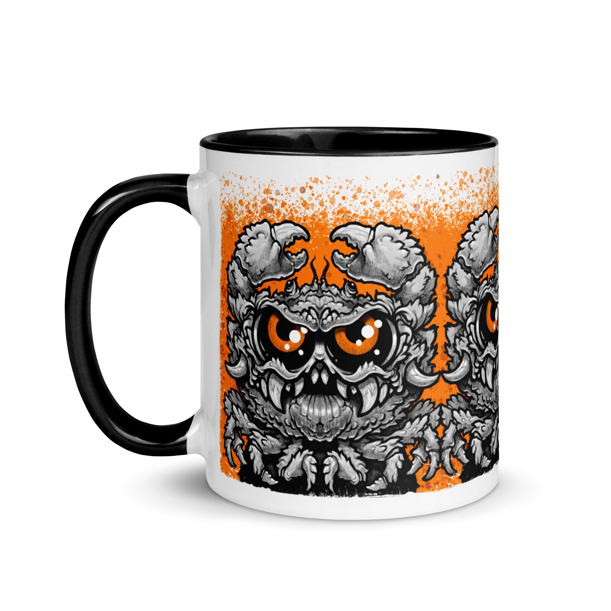 Introducing the Krabb Mug from Bindlewood Shop—a white ceramic mug with a black handle, showcasing a bold and symmetrical angry cartoon crab in gray and black, accented by vivid orange eyes and an eye-catching orange paint-splatter background. Inspired by Chris Ryniak’s whimsical style, this unique monster mug is the perfect collectible for anyone looking to add a striking piece to their collection.
