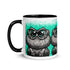 The Tode Mug from Bindlewood Shop is a white ceramic mug with a black handle, showcasing an illustration of a wide-eyed, cartoonish toad with detailed, textured skin and an expressive face set against a teal splatter background. This Chris Ryniak monster mug is the perfect collectible art piece for fans of whimsical designs.
