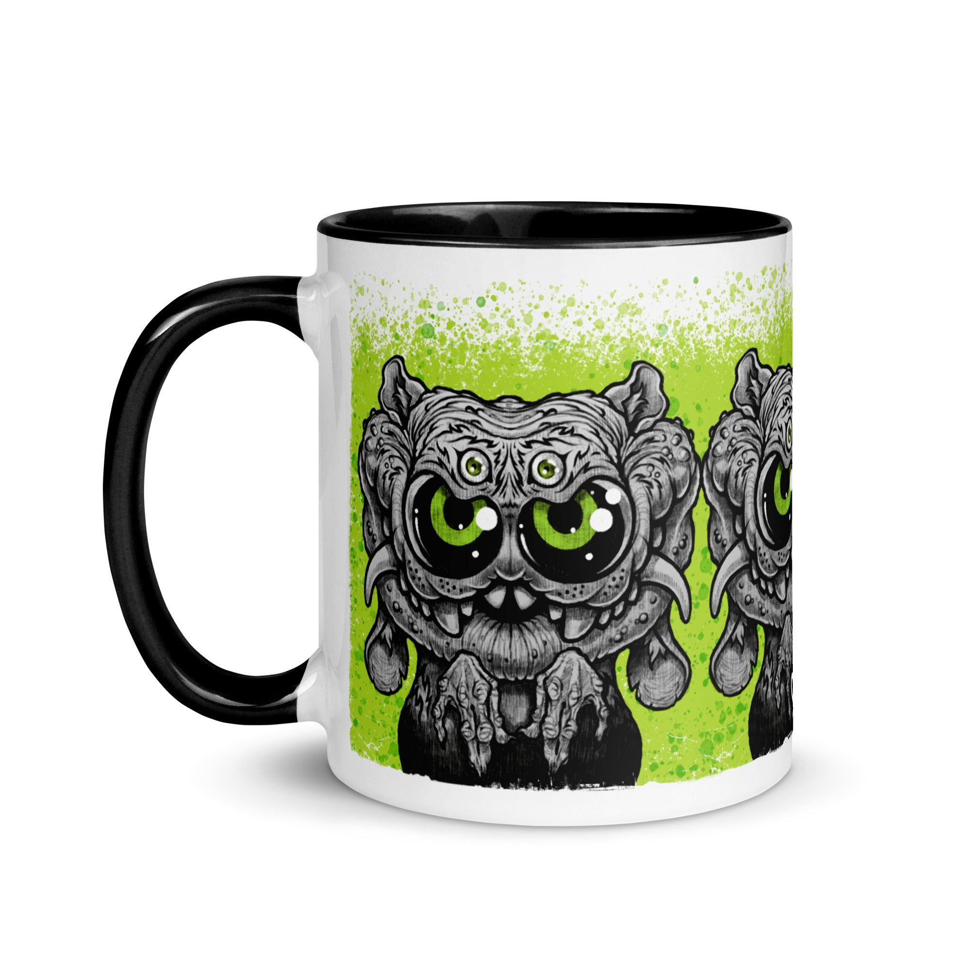 Introducing the Eyegurr Mug from Bindlewood Shop—a white ceramic mug with a black handle, showcasing a cartoonish three-eyed, owl-like creature with large green eyes against a vibrant, splattered green background. This unique collectible is perfect for fans of Chris Ryniak monster mugs and anyone who loves quirky drinkware.