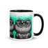 Introducing the Tode Mug by Bindlewood Shop—a white ceramic mug with a black handle, featuring a cartoon-style drawing of a big-eyed, textured frog against a teal splatter background. Inspired by the whimsical charm of Chris Ryniak’s monster mug designs, this collectible art mug is perfect for fans of unique and playful drinkware.