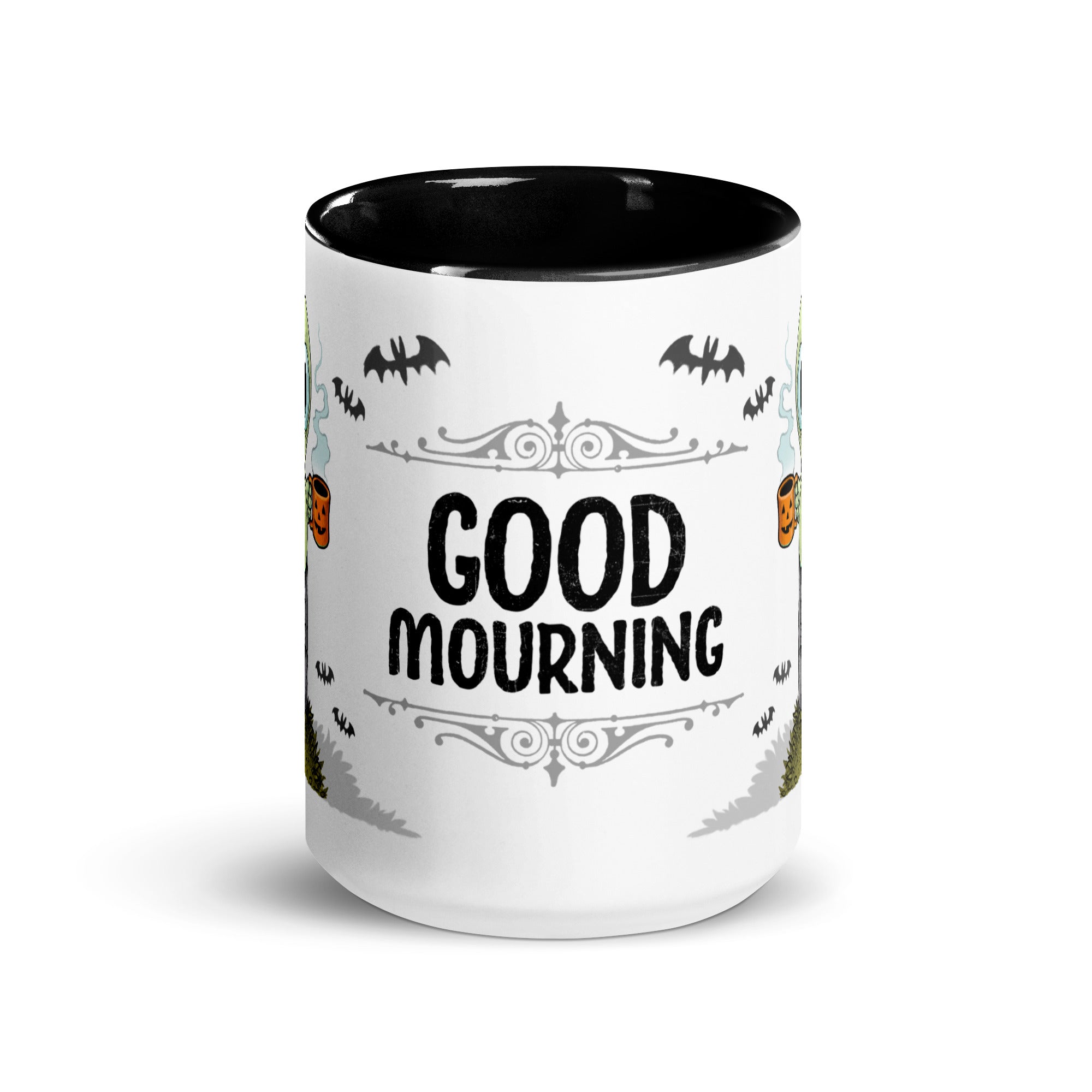 A Halloween-themed ceramic mug with a pun "good mourning" surrounded by decorative bats, ornate designs, and miniature pumpkins, featuring Chris Ryniak's distinctive style. Dishwasher safe for Good Mourning Mug by Bindlewood Shop.