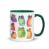 A white ceramic Frog Frenzy Mug adorned with colorful, whimsical illustrations of frogs in various hues and poses, featuring the unique Chris Ryniak watercolor frog paintings from Bindlewood Shop.