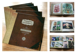 The brown hardcover books, titled "Shadows In The Periphery" from Bindlewood Shop, feature a small emblem. Open pages display vibrant art illustrations and rest elegantly on wood, reflecting Chris Ryniak's unique style.