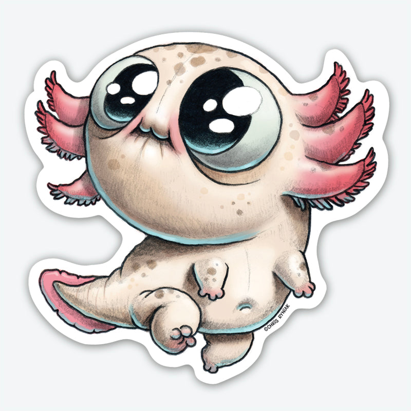 The Axolotl Sticker from Bindlewood Shop features a cute cartoon axolotl with big shiny eyes, pink feathery gills, and a chubby body—printed as a durable vinyl sticker with a smooth matte finish.