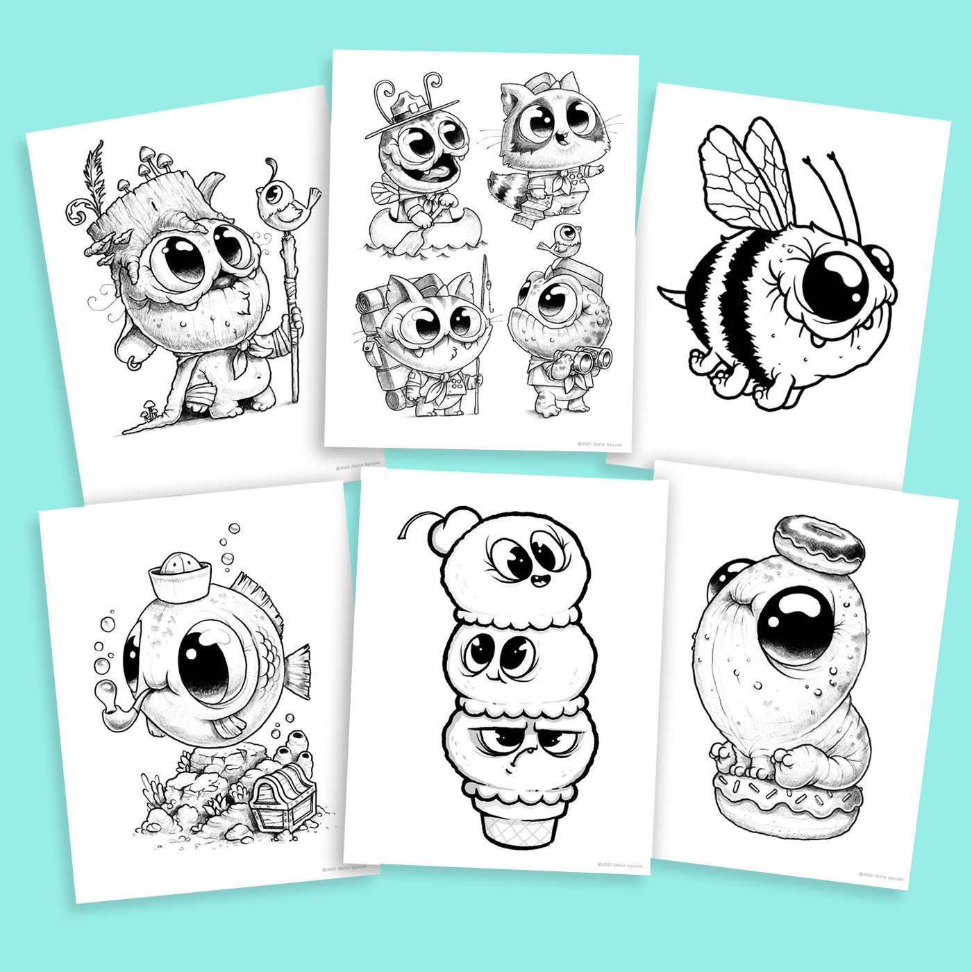 Download the "Morning Scribbles Digital Coloring Book, Vol. 2" by Chris Ryniak, featuring six whimsical black-and-white illustrations of cartoon creatures like a gnome, small animals, and a bee—all with large eyes and playfully arranged on a teal background.