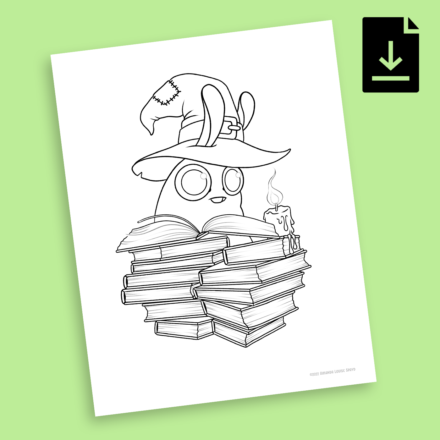 Wide-eyed cartoon character in a wizard hat peeks over books with a candle—FREE! Book Witch Coloring Page by Amanda L Spayd, perfect for coloring or printing, on a green background.