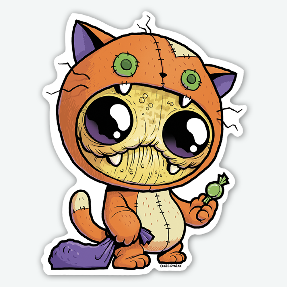 The Catstume Sticker from Bindlewood Shop features a cartoon creature with button eyes and fangs in a patched orange cat costume, holding green candy and a purple sack. This durable vinyl sticker has visible stitches and a soft matte finish.