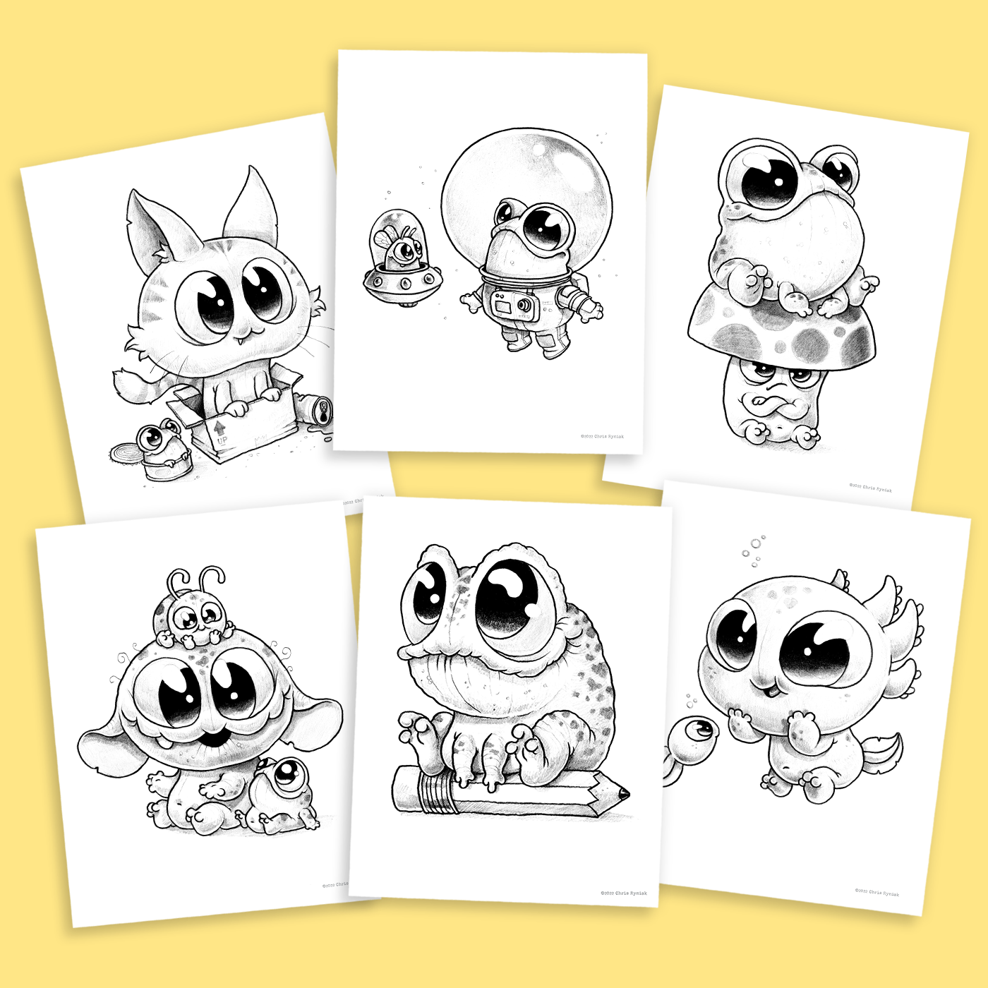 The "Frogs & Friends Digital Coloring Book, Vol. 1" by Chris Ryniak features six charming black-and-white cartoon drawings on a yellow background. Featuring animals like a kitten, frog, and puppy in accessories like hats and spacesuits, it's perfect for creativity. Available as a downloadable PDF.