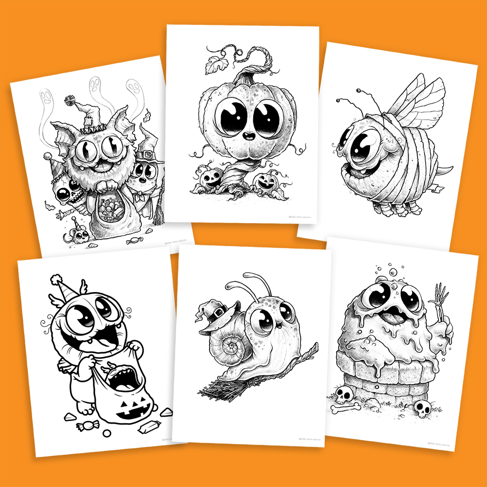 Six black-and-white illustrations of cute, big-eyed Halloween-themed creatures are displayed against an orange background. The creatures include a cat, a pumpkin, a bee, a ghost, a snail, and a cupcake, each with whimsical features and playful expressions from the exclusive Morning Scribbles Coloring Book - Halloween Edition by Bindlewood Shop.