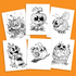 Six black-and-white illustrations of cute, big-eyed Halloween-themed creatures are displayed against an orange background. The creatures include a cat, a pumpkin, a bee, a ghost, a snail, and a cupcake, each with whimsical features and playful expressions from the exclusive Morning Scribbles Coloring Book - Halloween Edition by Bindlewood Shop.