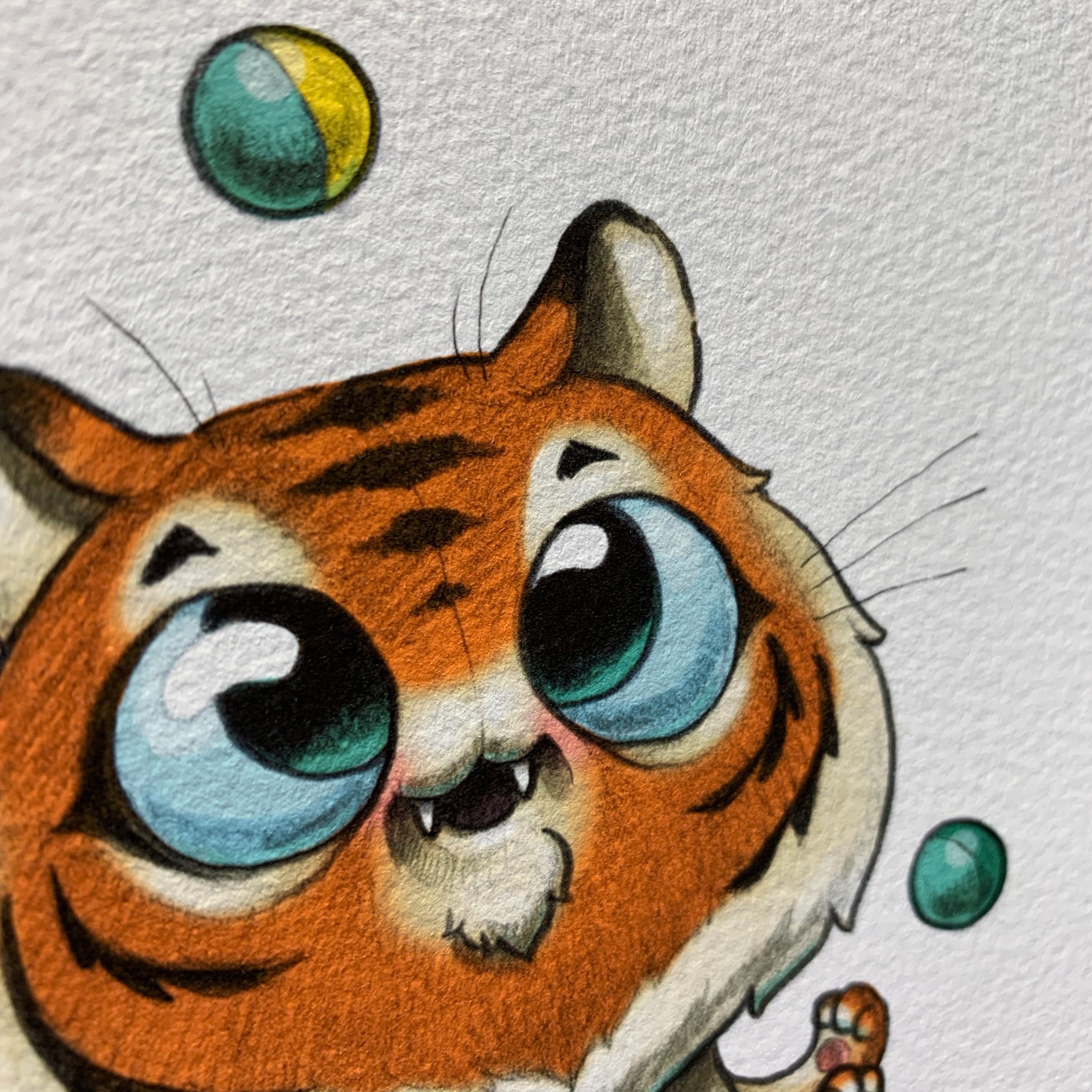 The Juggle Tiger Print by Chris Ryniak features a wide-eyed cartoon tiger smiling amidst colorful bouncing balls, perfect as a fine art print on archival paper.