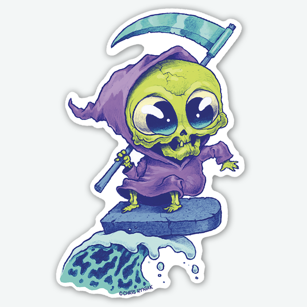The R.I.P. Tide Sticker from Bindlewood Shop features a cute cartoon grim reaper in a purple robe with big eyes and a blue scythe on a stone platform above swirling water—printed as a durable vinyl sticker with a smooth matte finish.