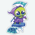 The R.I.P. Tide Sticker from Bindlewood Shop features a cute cartoon grim reaper in a purple robe with big eyes and a blue scythe on a stone platform above swirling water—printed as a durable vinyl sticker with a smooth matte finish.