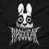 A black T-shirt, soft and lightweight, displays a creepy white cartoon-like rabbit with large black eyes and dark, uneven, dripping facial marks. Below the rabbit, twisted and jagged white text reads "Pipsqueak." The design has a horror-themed aesthetic and a gender-neutral fit reminiscent of a black metal shirt. This is the Black Metal Pipsqueak Tee from Bindlewood Shop.