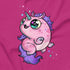 The Flooficorn Tee by Bindlewood Shop features a chubby cartoon pink unicorn with a purple mane, blue horn, and sparkling eyes prancing on bright pink, surrounded by colorful stars. Cozy and lightweight!.