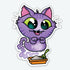 The Stinkbox Ghost Sticker from Bindlewood Shop showcases a cute, cartoon-style purple cat with large green eyes and a fish skeleton on its belly, eagerly hovering above a litter box with a scoop. The vinyl sticker features the cat's big, excited expression, tongue out and ears perked up, all in a high-quality matte finish.