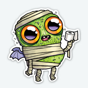 The TP Mummy Sticker (3-inch) from Bindlewood Shop features a cute green cartoon mummy with orange eyes, fangs, a purple cape, and toilet paper—smiling cheerfully! Durable vinyl with a matte finish makes it perfect for decorating your stuff.