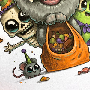 A playful Halloween trio from Chris Ryniak: a grinning skeleton, a fluffy one-eyed monster with a purple bow, and a green creature peeking from behind, with a tiny mouse featuring the "Treat Party" Print.
