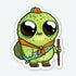 The Turtle Scout Sticker from Bindlewood Shop features a cartoon turtle with big eyes, blue sash with badges, orange scarf, boots, cap, and walking stick—printed as a durable vinyl sticker with a smooth matte finish.