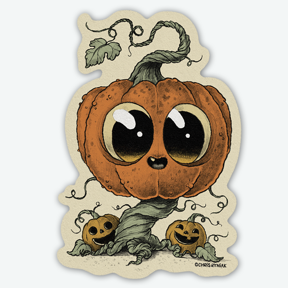 The Vintage Vine Sticker from Bindlewood Shop features a cartoon pumpkin with big shiny eyes and a smile, standing on a twisted vine with two smaller cheerful pumpkins. Durable vinyl with a smooth matte finish—perfect for any surface!.