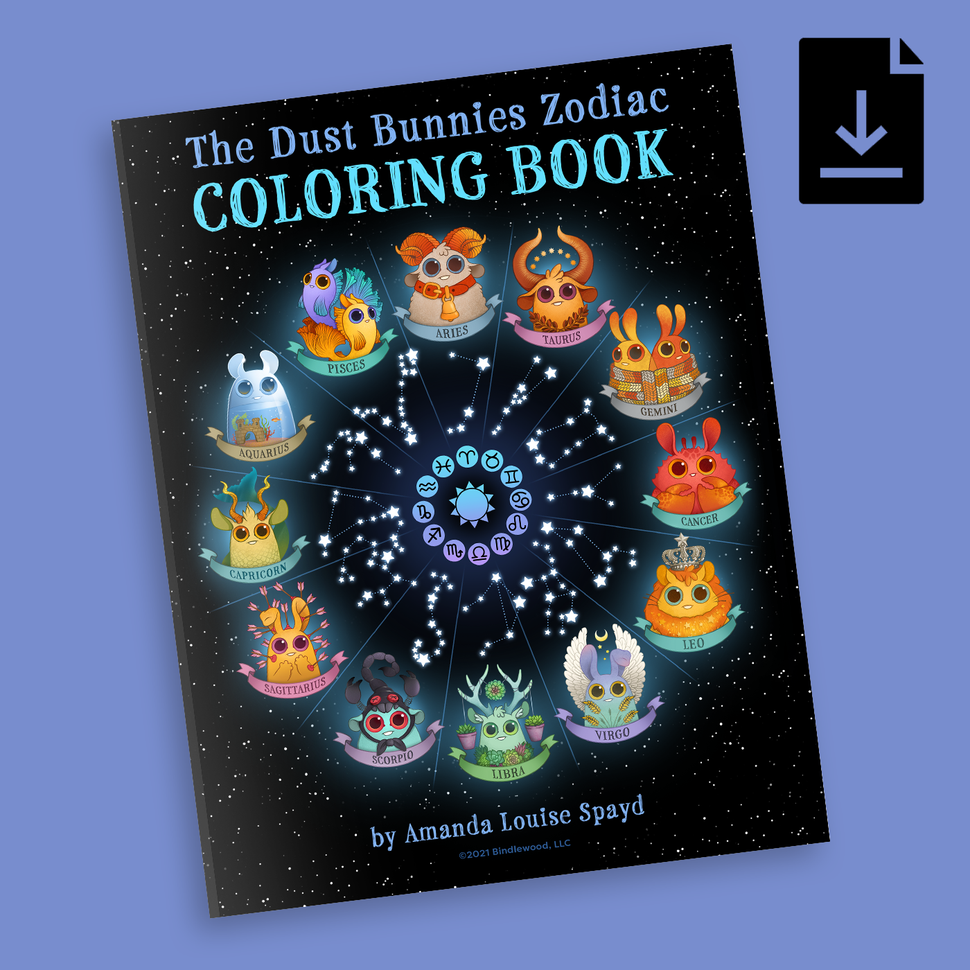 The cover of Amanda L Spayd's "Dust Bunnies Zodiac Digital Coloring Book" showcases charming zodiac creatures in a circle on a starry background, with a PDF download icon in the top right corner.