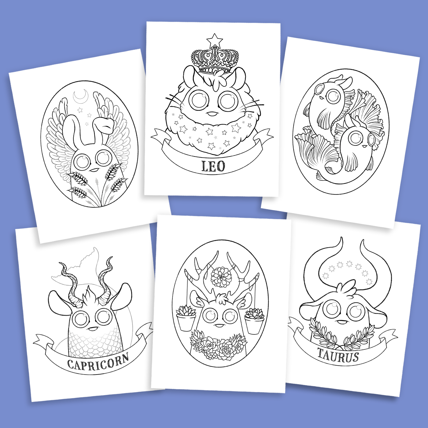 Explore Amanda L Spayd's Dust Bunnies Zodiac Digital Coloring Book, featuring six PDF coloring pages with owl illustrations: Leo with a crown, Taurus decorated with flowers and horns, and Capricorn with majestic horns, all against a serene blue background.
