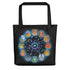 Introducing the Dust Bunnies Zodiac Tote by Bindlewood Shop—a black, spacious tote bag adorned with charming illustrated zodiac animals encircled over a starry backdrop. Each animal symbolizes an astrological sign, complete with connecting lines and symbolic details at the center. Crafted from weather-resistant fabric for durability, this stylish printed bag is perfect for carrying your essentials wherever you go.