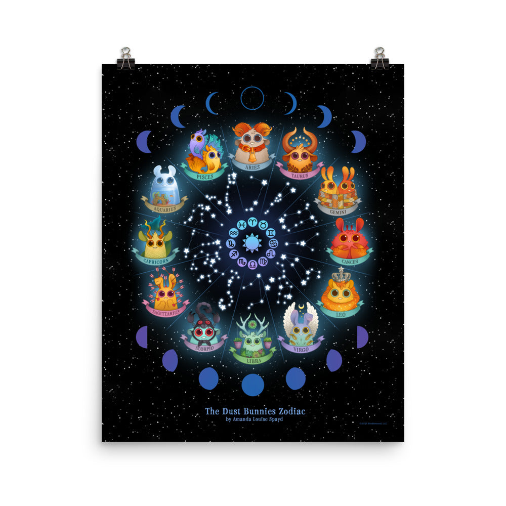 The Dust Bunnies Zodiac Poster from Bindlewood Shop features twelve playful bunny creatures for each zodiac sign, encircled by a starry sky and moon phases—beautifully printed with giclée for vibrant detail.