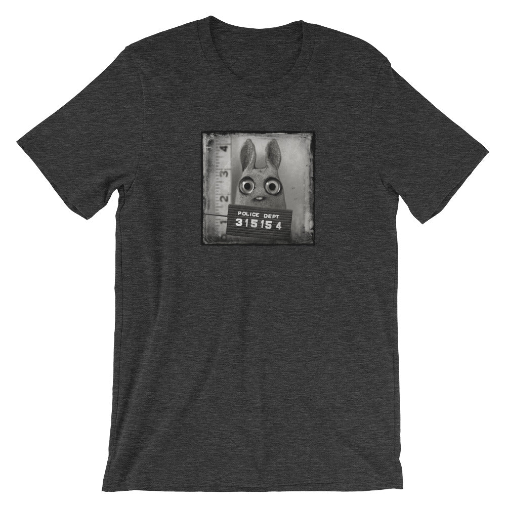The Pipsqueak Mugshot Tee by Bindlewood Shop features a dark gray vintage design with a square cartoon rabbit mugshot and "POLICE DEPT 315154" sign, offering a comfortable, gender-neutral fit.