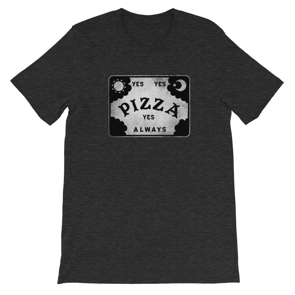 Introducing the Pizza Conjuring Board Tee from Bindlewood Shop—a black, vintage-style shirt featuring a whimsical Ouija board-inspired design. The center showcases the word “PIZZA,” with “YES YES” above, “YES ALWAYS” below, and charming illustrations of the sun, moon, and clouds. This gender-neutral fit is printed to order by Bindlewood Shop for a truly unique piece every time.
