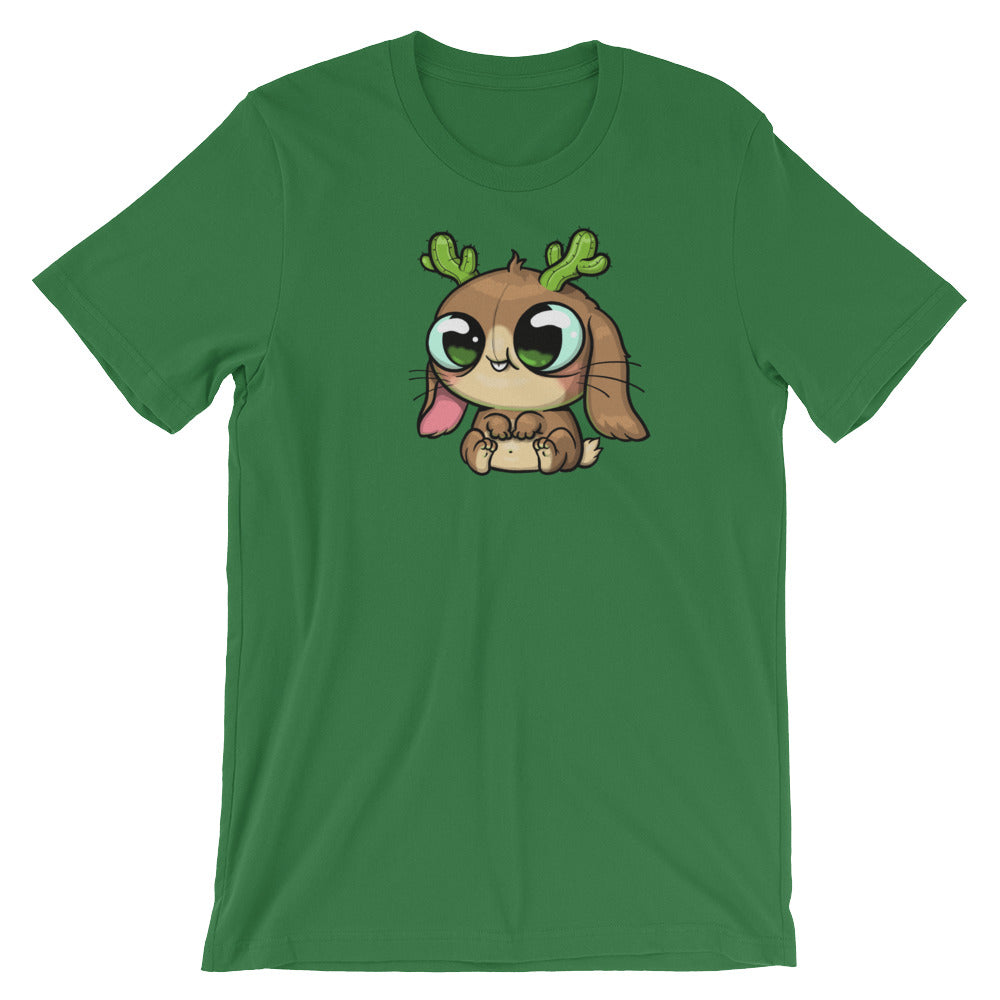 This Cactalope Tee from Bindlewood Shop features a delightful cartoon creature, the Cactalope, complete with captivating eyes, antlers, and a small body. Designed by Chris Ryniak, it artfully combines elements of a reindeer and bunny. Its gender-neutral fit ensures comfort for all wearers.