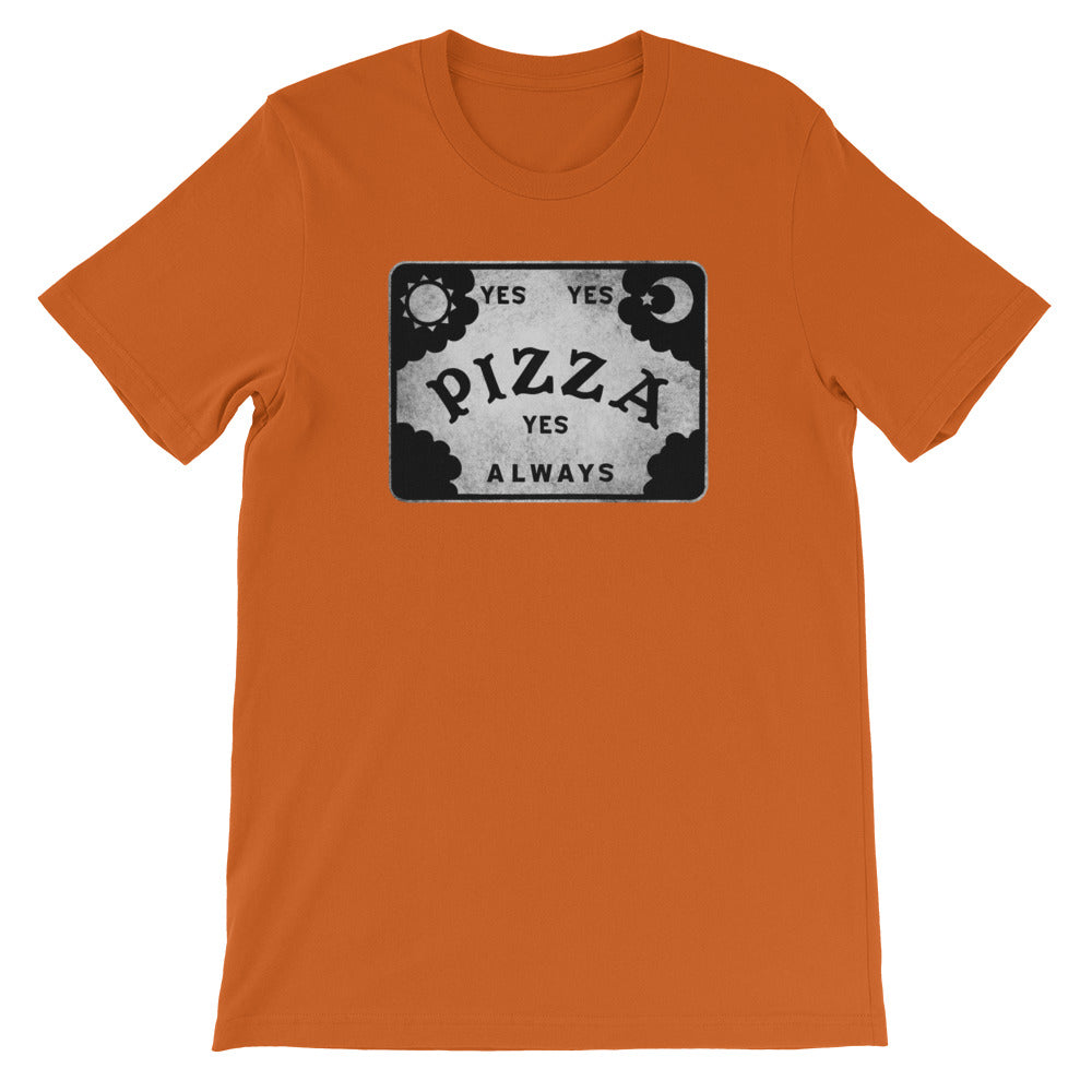 Introducing the Pizza Conjuring Board Tee by Bindlewood Shop—a vibrant orange T-shirt featuring a striking black and white Ouija board-inspired graphic that reads “YES PIZZA YES ALWAYS,” accented with sun and moon symbols in the corners. With its vintage look, gender-neutral fit, and made-to-order printing, this shirt is both stylish and uniquely yours.