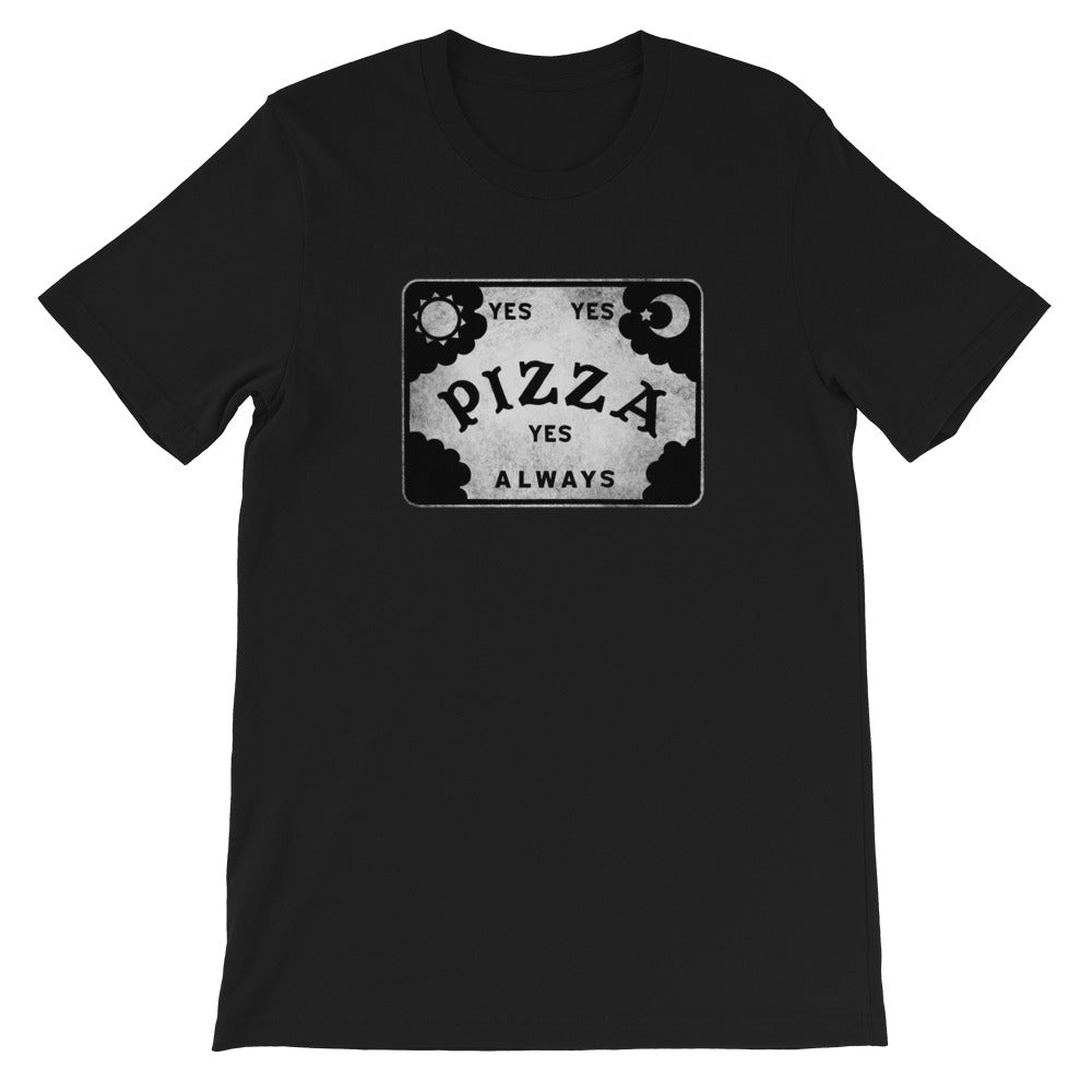Showcase your style with the Pizza Conjuring Board Tee from Bindlewood Shop—a gender-neutral black shirt featuring a vintage Ouija board-inspired graphic. The design displays “YES YES PIZZA YES ALWAYS” in bold white and black lettering, along with illustrations of the sun, moon, and clouds. Each tee is made to order exclusively for you.