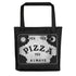 The Pizza Conjuring Board Tote by Bindlewood Shop is a trendy bag featuring Ouija-inspired art, “YES YES PIZZA YES ALWAYS,” sun and moon corners, and cloud edges—perfect for carrying your essentials.
