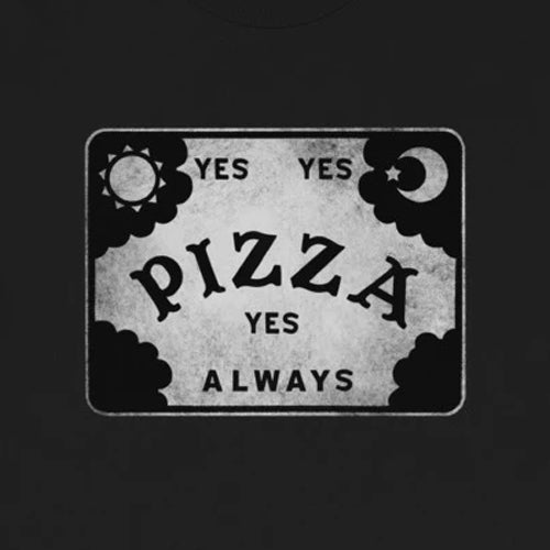 Introducing the Pizza Conjuring Board Tee by Bindlewood Shop: This black and white shirt features the word “PIZZA” in bold lettering, framed by “YES” above and “ALWAYS” below. Decorative sun and moon icons sit in the corners, with dark clouds completing the vintage-inspired design. Each shirt is printed to order for a unique style and offers a comfortable, gender-neutral fit.