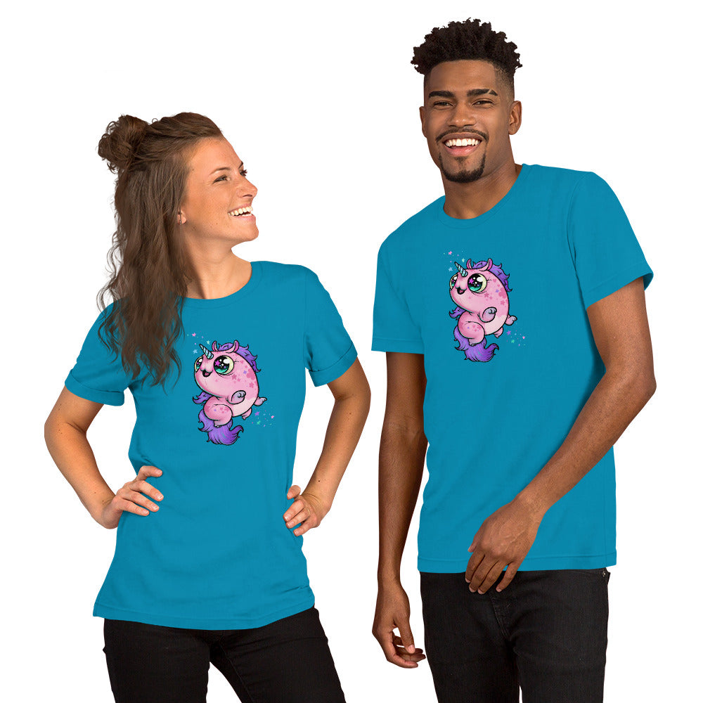 Two people smile side by side in Bindlewood Shop’s Flooficorn Tee, a lightweight shirt featuring a cute cartoon pink and purple cat-unicorn design on bright blue fabric.