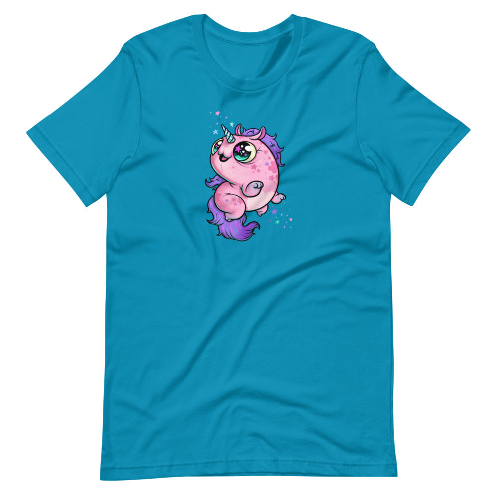 The Flooficorn Tee from Bindlewood Shop is a cozy, lightweight blue shirt with a pink unicorn (inspired by Chris Ryniak's Flooficorn) featuring sparkling eyes, a purple mane and tail, and star accents—a gender-neutral design.