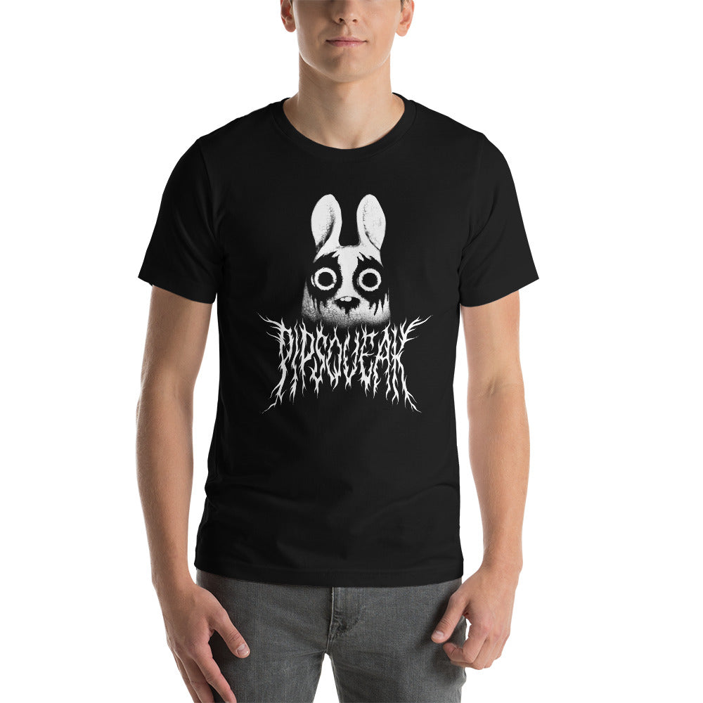 A person is wearing a soft and lightweight Black Metal Pipsqueak Tee from Bindlewood Shop, with an illustrated graphic of a white rabbit with large, dark eyes and a spooky appearance. Below the rabbit, jagged, branch-like white lines form an unreadable text design. The gender-neutral fit works perfectly against the plain background.