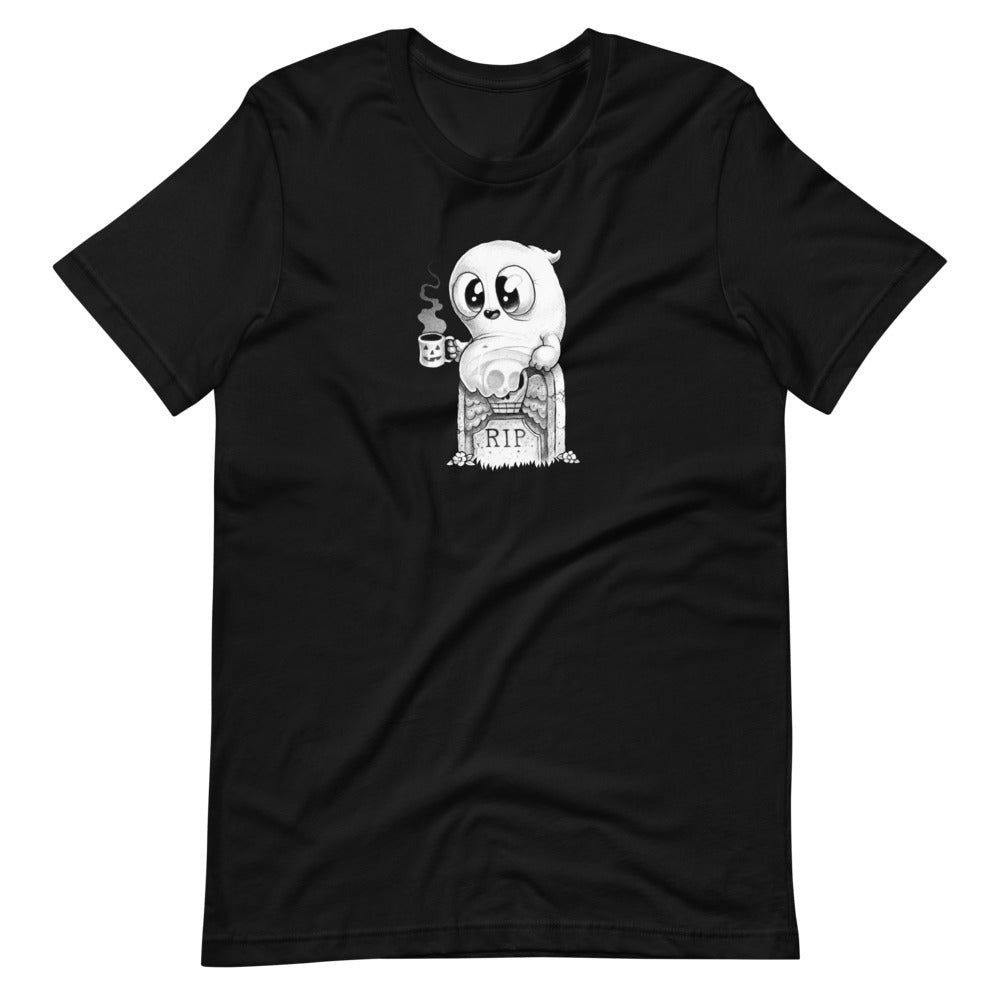 The Bindlewood Shop's Good Mourning Tee is a cozy black T-shirt that showcases a cute, ghost-like character sitting on a tombstone inscribed with "RIP." The ghost holds a steaming mug and has large, sad eyes, giving off a lonely vibe. Rendered in shades of white and gray with a vintage look, this gender-neutral fit is perfect for any wardrobe.