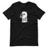 The Bindlewood Shop's Good Mourning Tee is a cozy black T-shirt that showcases a cute, ghost-like character sitting on a tombstone inscribed with "RIP." The ghost holds a steaming mug and has large, sad eyes, giving off a lonely vibe. Rendered in shades of white and gray with a vintage look, this gender-neutral fit is perfect for any wardrobe.