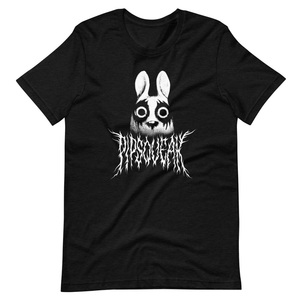 The Black Metal Pipsqueak Tee from Bindlewood Shop is a soft and lightweight T-shirt featuring a graphic of a stylized bunny head with large, wide eyes resembling a cartoonish mask. Below the bunny head, there is text incorporated into a thorny, sharp design. The gender-neutral fit ensures comfort for everyone.