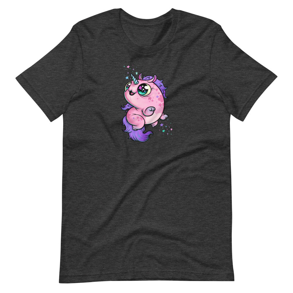 The Flooficorn Tee by Bindlewood Shop is a dark gray, lightweight, gender-neutral shirt with a chubby pink unicorn (purple hair, green eyes, sparkles), adding magic to your everyday style.