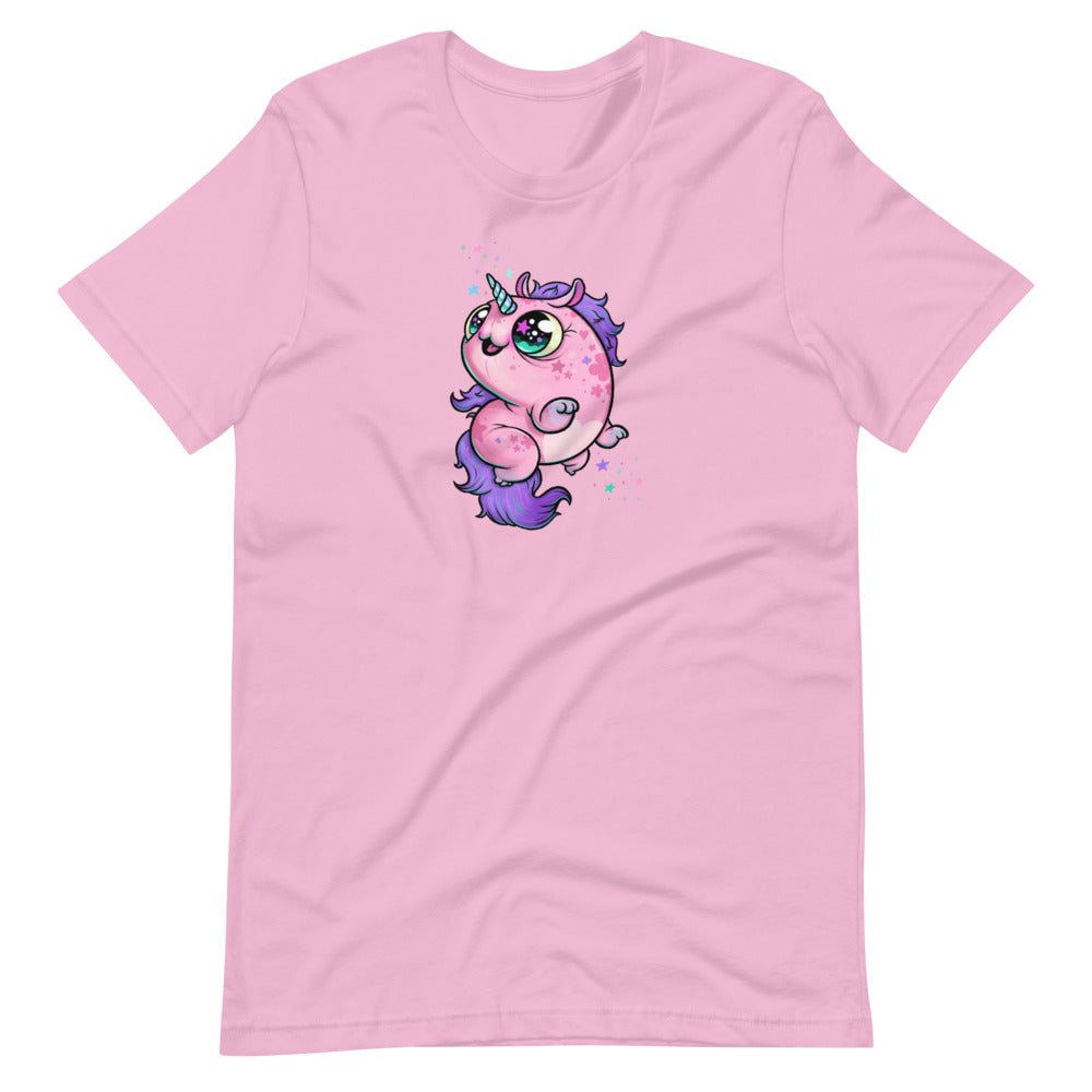 The Flooficorn Tee by Bindlewood Shop is a light pink, cozy shirt featuring a chubby unicorn with big green eyes, purple mane and tail, pink body, and sparkles—an adorable, gender-neutral choice for any unicorn fan.