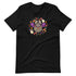 Introducing Bindlewood Shop's Candy Bat Tee: a black T-shirt showcasing an adorable cartoon bat with pink wings, large eyes, and rosy cheeks. The design includes vibrant flowers and small ghost figures that perfectly capture the Halloween spirit. This gender-neutral fit is designed for everyone, and each shirt is printed to order to ensure the highest quality.