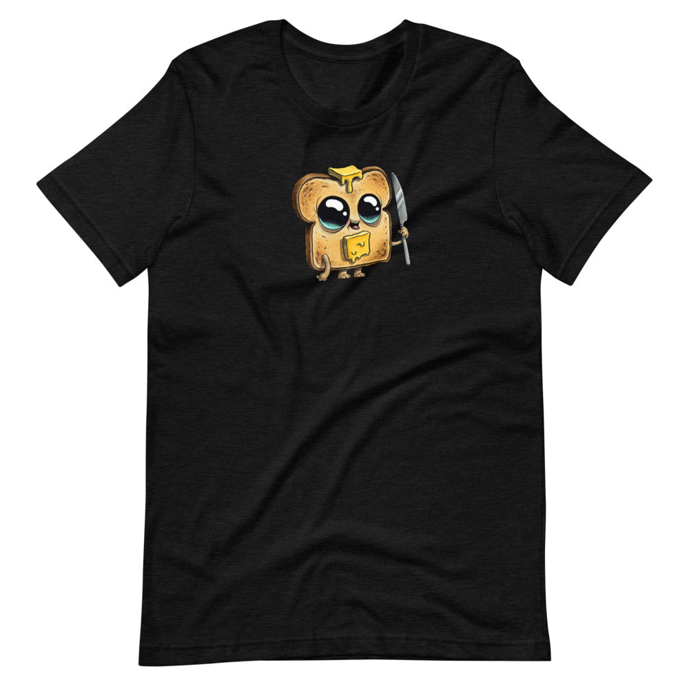 A black Bindlewood Shop Toastboy Tee with a cute cartoon owl wearing glasses and headphones design printed on the front, offering a gender-neutral fit.